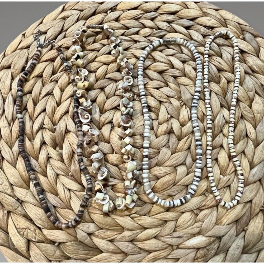 4 Vintage Shell Necklaces / Puka / Heishi Coastal Beach Hawaii White Cream Brown